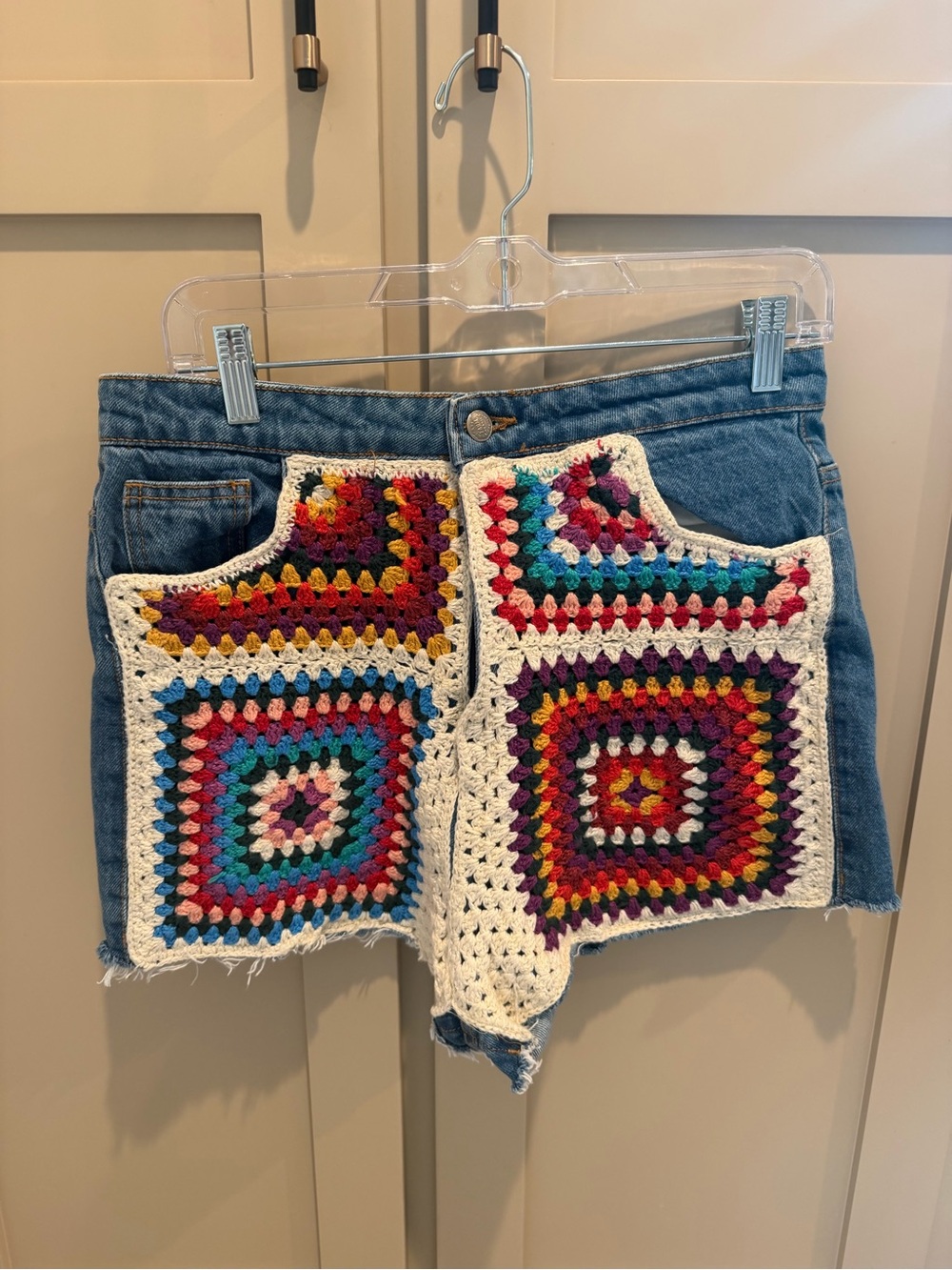 FARM Rio Denim Shorts with Multicolor Crochet Panels